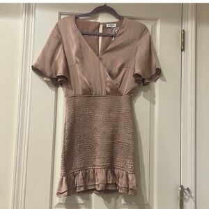 Storia Champagne Short Flutter Sleeve Smocked Formal Event Homecoming Dress